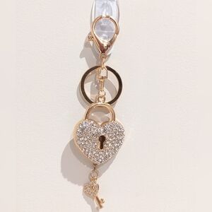 Rhinestone Bling Heart Lock Keychain Bag Charm With Key Charm, Clear Crystal